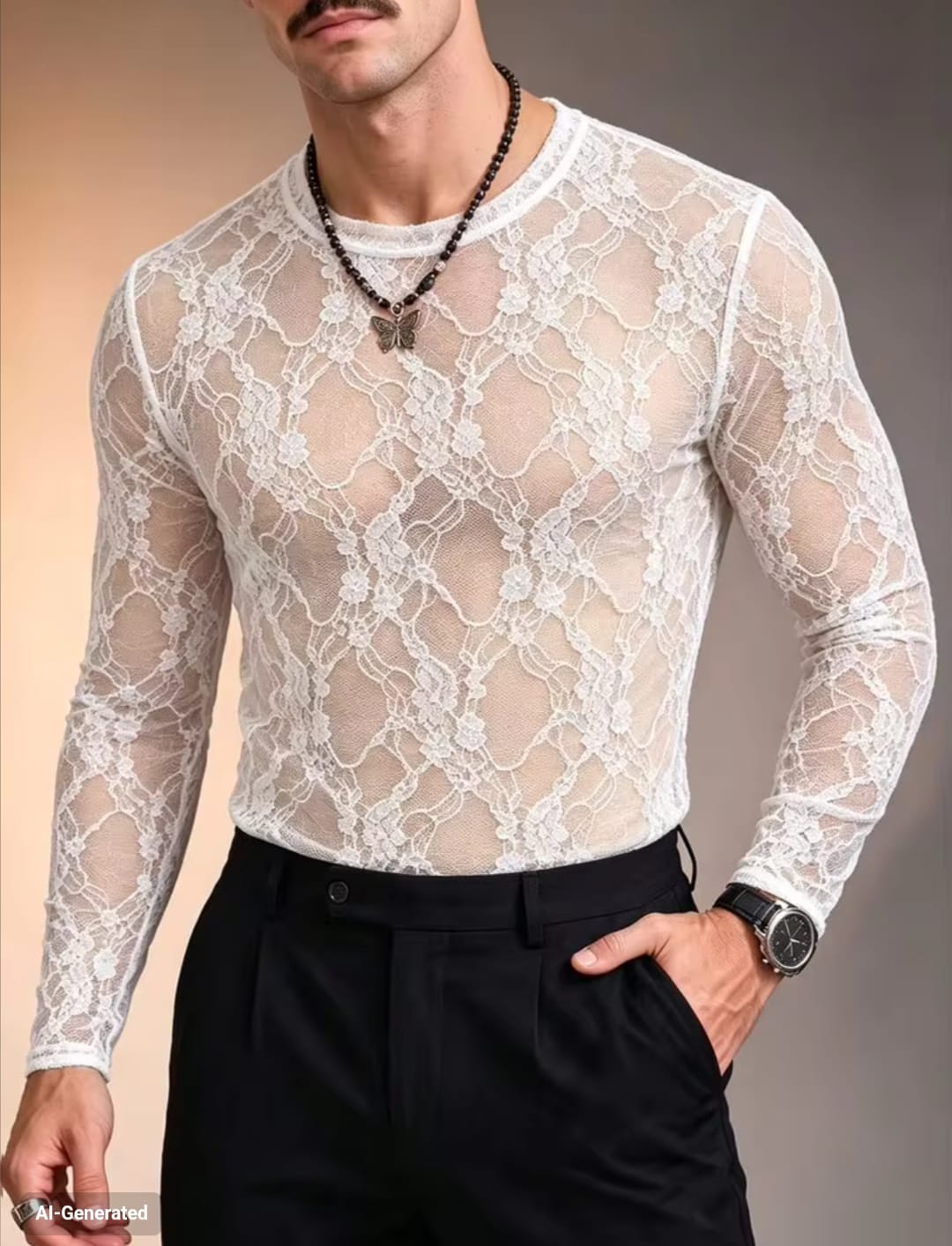 Men's High-Stretch Sheer Floral Lace Crewneck Long Sleeve Fitted T-Shirt